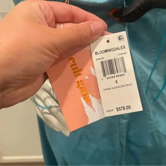 NWT CULT GAIA Chiara Sleeveless Blue Cotton-Blend Plunge Bubble Skirt Midi Dress - Picture 5 of 15